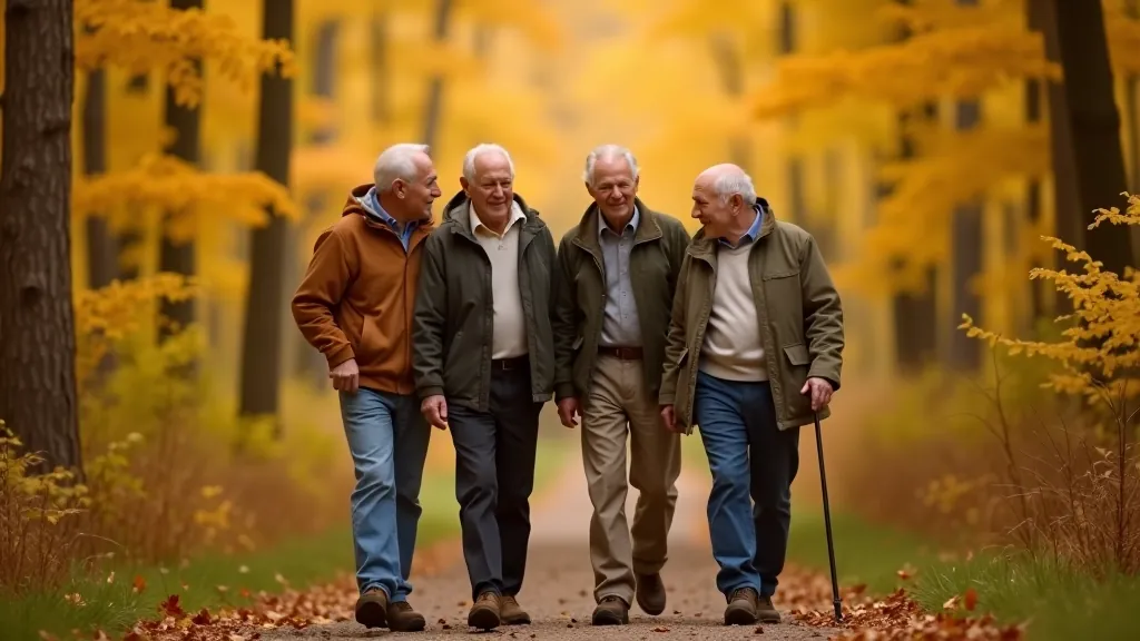 Seniori pastaigājas pa meža taku Tērvetes nacionālajā parkā, dzelteni rudens pūpoli apkārt