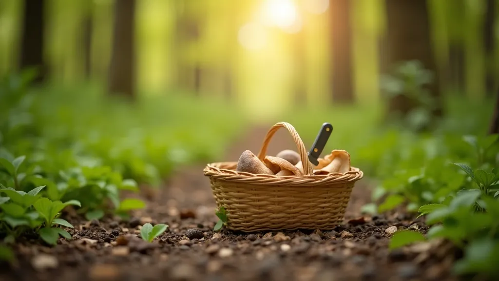 Sēņošanas groziņš ar nažu un naksimis uz meža ceļa, pavasara gaisma