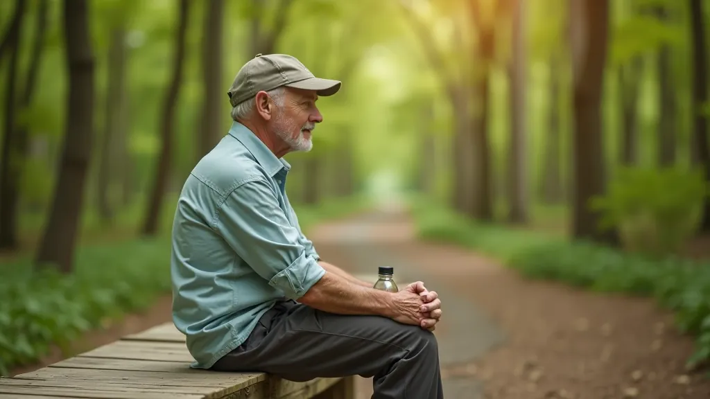 Seniors sēž uz koka solītes boardvalka vidū, dzer ūdeni un baudīs skaisto skatu