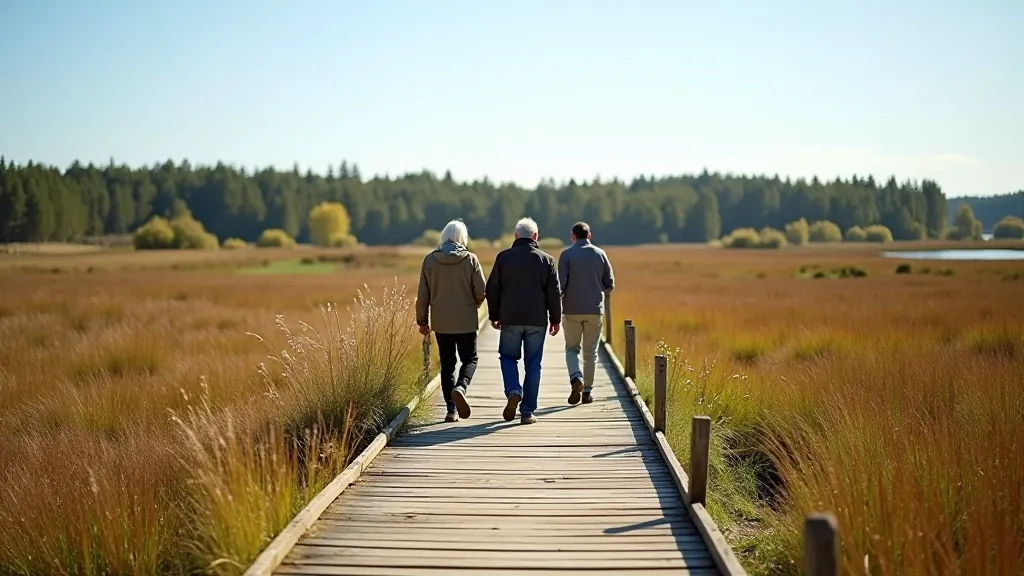 Seniori pastaigājas pa koka boardvalku Ķemeru nacionālajā parkā, slapjā dabiskas vides fona